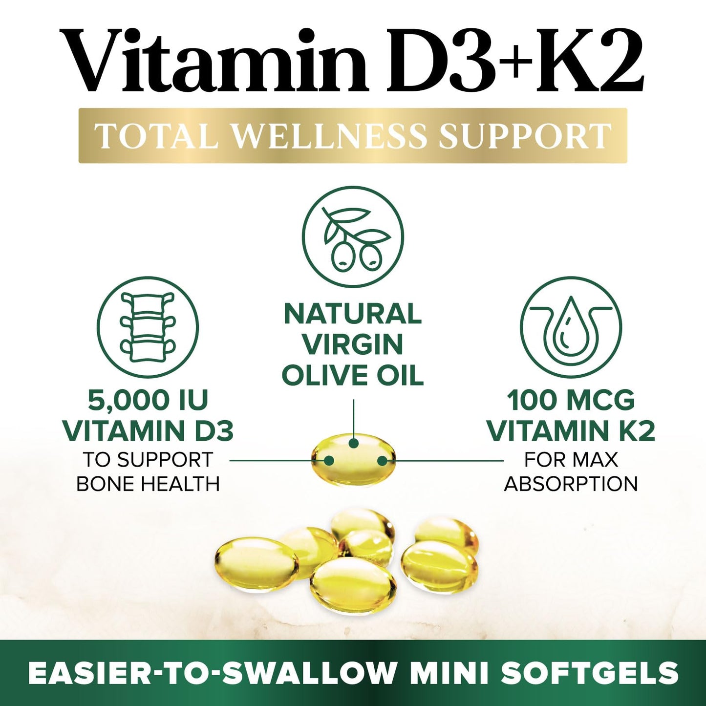 Vitamin D3 K2 5000 IU Plus with K2 MK-7 - 240 Softgels | Non-GMO