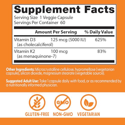 Doctor's Best Vitamin D3 + K2 MK-7 – Supports Bone, Tissue & Arterial Health, 5000 IU, 60 Veggie Caps