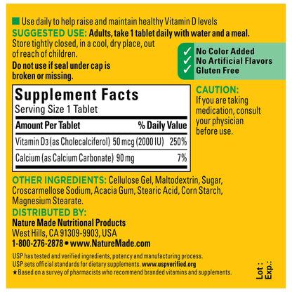 Nature Made Vitamin D3 2000 IU (50 mcg) – Supports Bone, Immune Health | 100 Tablets