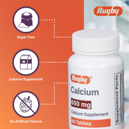 Rugby 600 mg Calcium Tablets - Calcium Supplement - 60 Count (1 Pack)