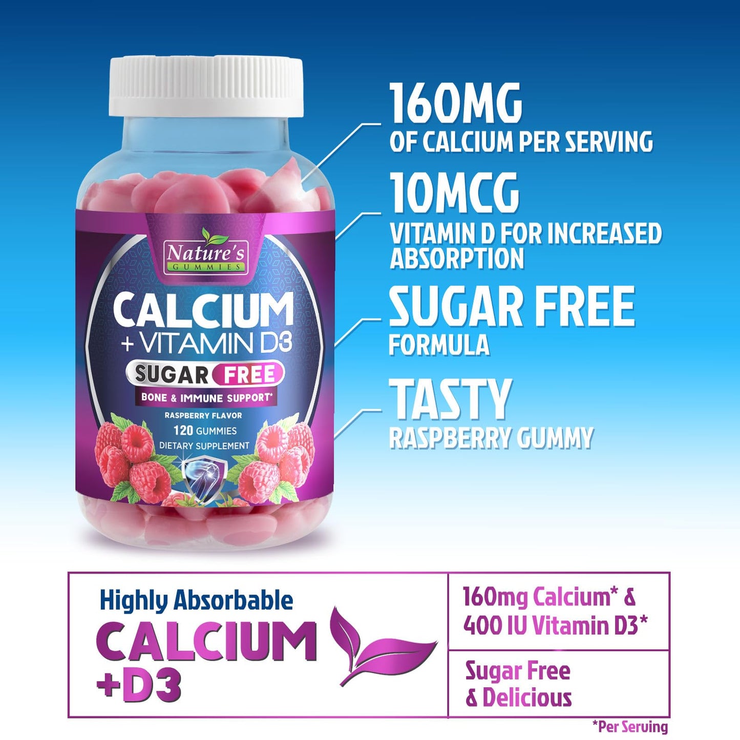 Calcium Gummies with Vitamin D3 (400 IU) - Sugar Free, 120 Count | Supports Immune Health & Bones