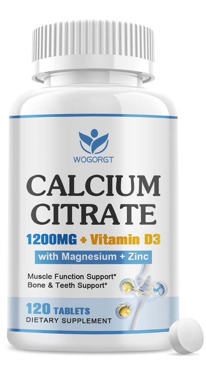 Calcium Citrate 1200mg with Vitamin D3 | Vegan Calcium Magnesium Zinc for Bone & Immune Support – 120 Tablets