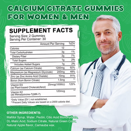 Calcium Citrate 1200 mg Gummies with Vitamin D3 – Vegan Bone & Teeth Support