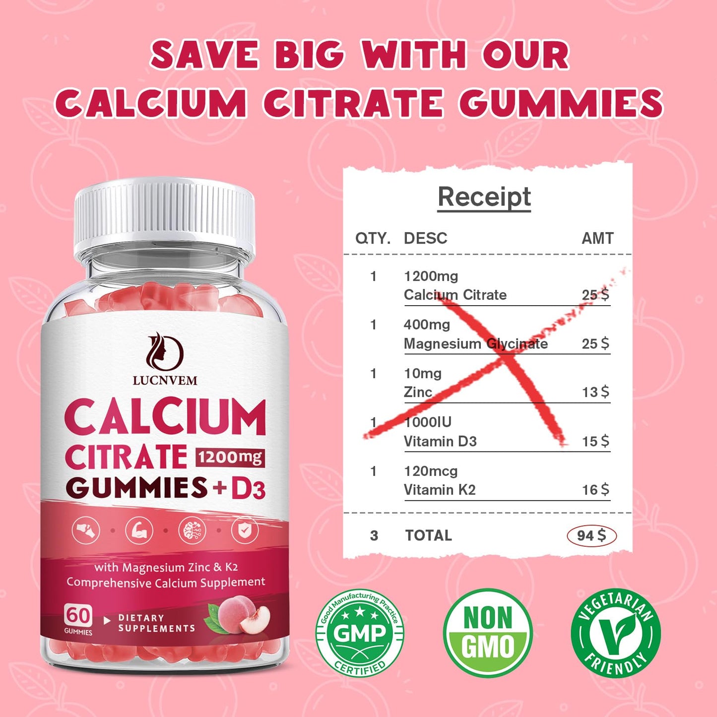 Calcium Citrate 1200mg Gummies with Vitamin D3 – 30 Day Supply