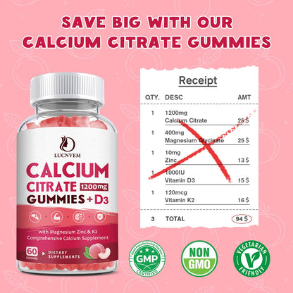 Calcium Citrate 1200mg Gummies with Vitamin D3 – 30 Day Supply