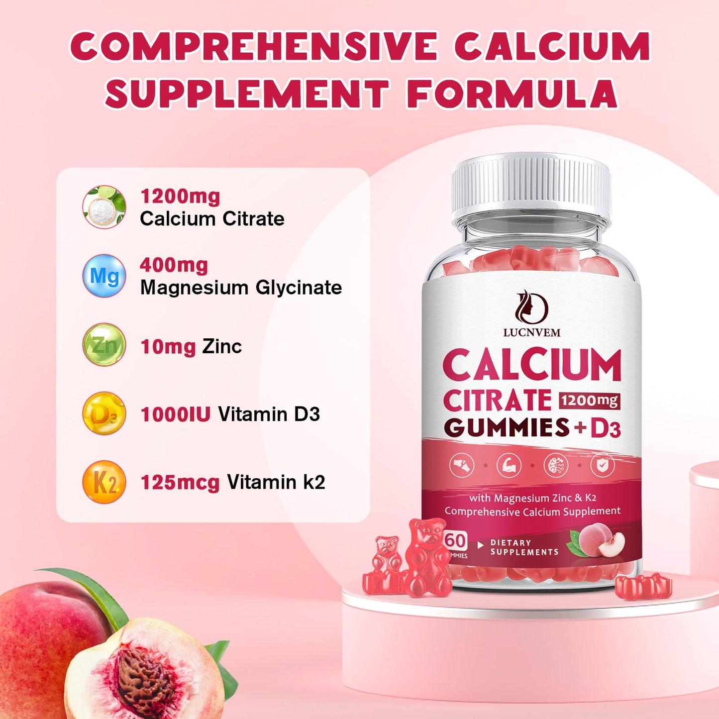 Calcium Citrate 1200mg Gummies with Vitamin D3 – 30 Day Supply