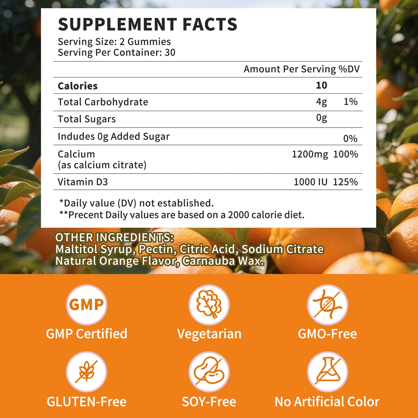 (2 Pack) Calcium Citrate 1200mg + Vitamin D3 Gummies – Vegan, Sugar-Free, Orange