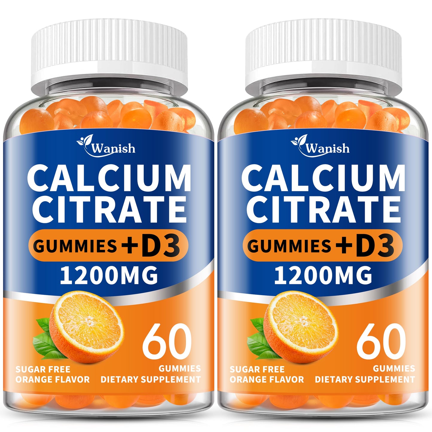 (2 Pack) Calcium Citrate 1200mg + Vitamin D3 Gummies – Vegan, Sugar-Free, Orange