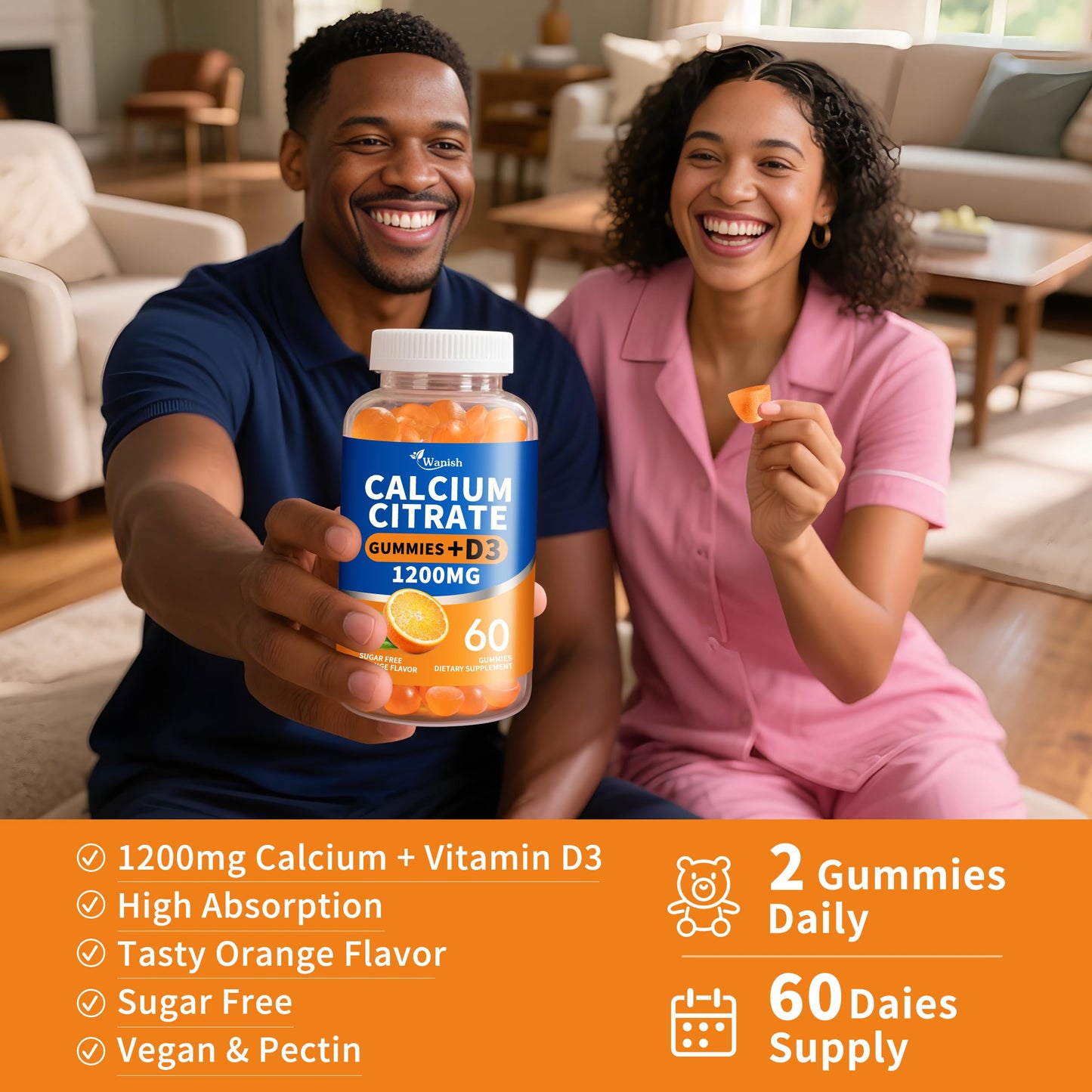 (2 Pack) Calcium Citrate 1200mg + Vitamin D3 Gummies – Vegan, Sugar-Free, Orange