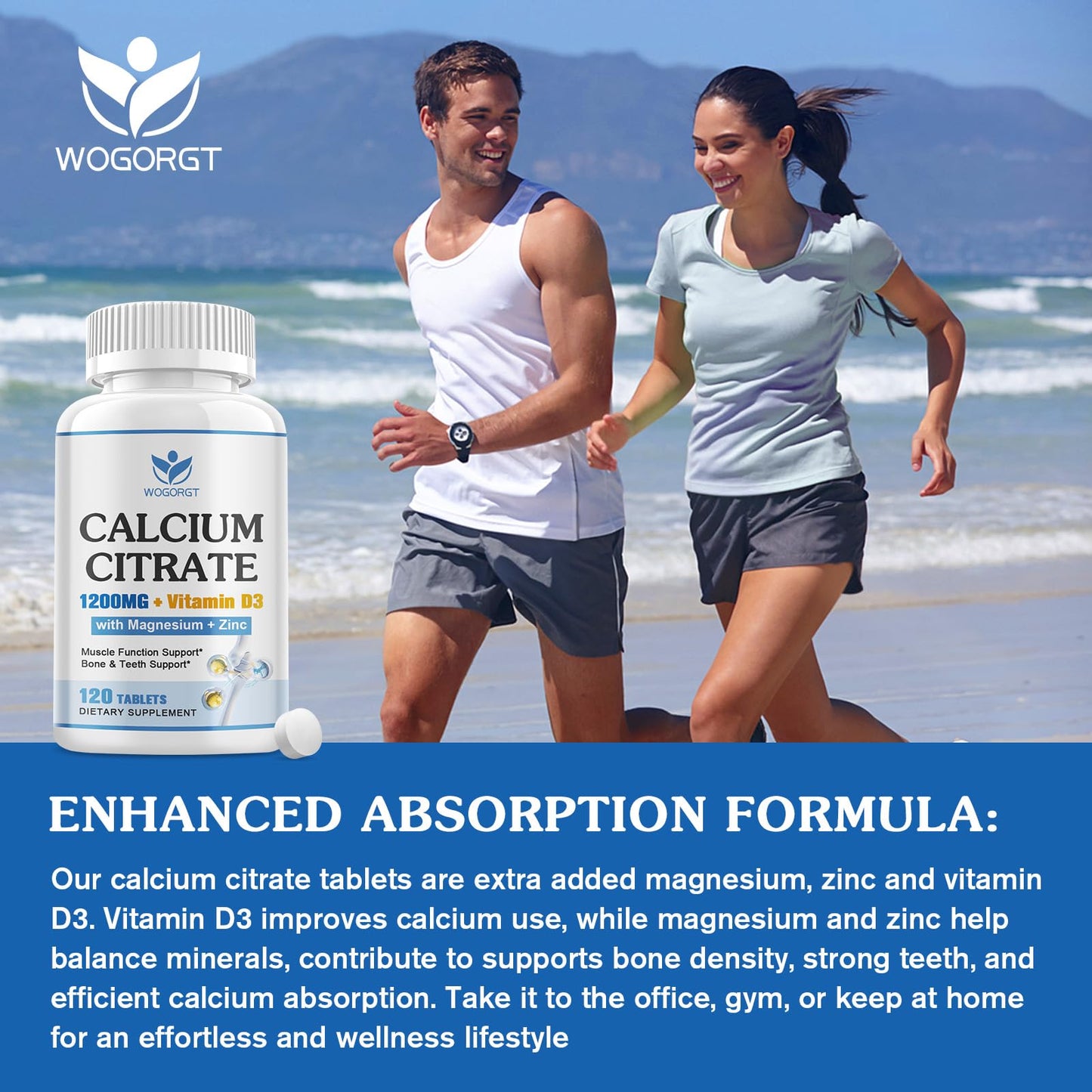 Calcium Citrate 1200mg with Vitamin D3 | Vegan Calcium Magnesium Zinc for Bone & Immune Support – 120 Tablets