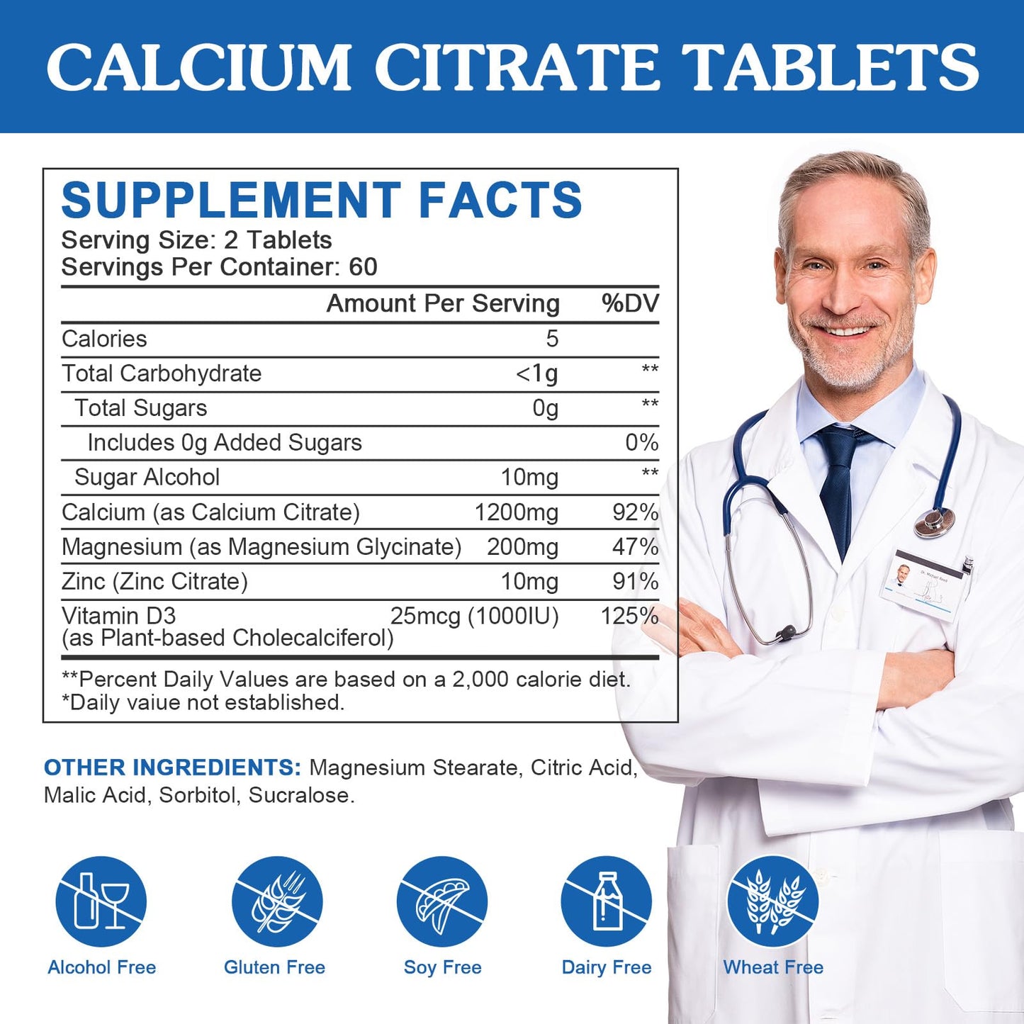 Calcium Citrate 1200mg with Vitamin D3 | Vegan Calcium Magnesium Zinc for Bone & Immune Support – 120 Tablets