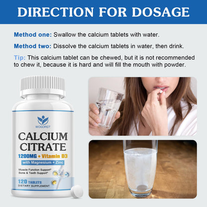 Calcium Citrate 1200mg with Vitamin D3 | Vegan Calcium Magnesium Zinc for Bone & Immune Support – 120 Tablets