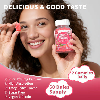 2 Pack Calcium Citrate 1200 mg Gummies – High Absorption, Sugar Free, Vegan, Peach Flavor