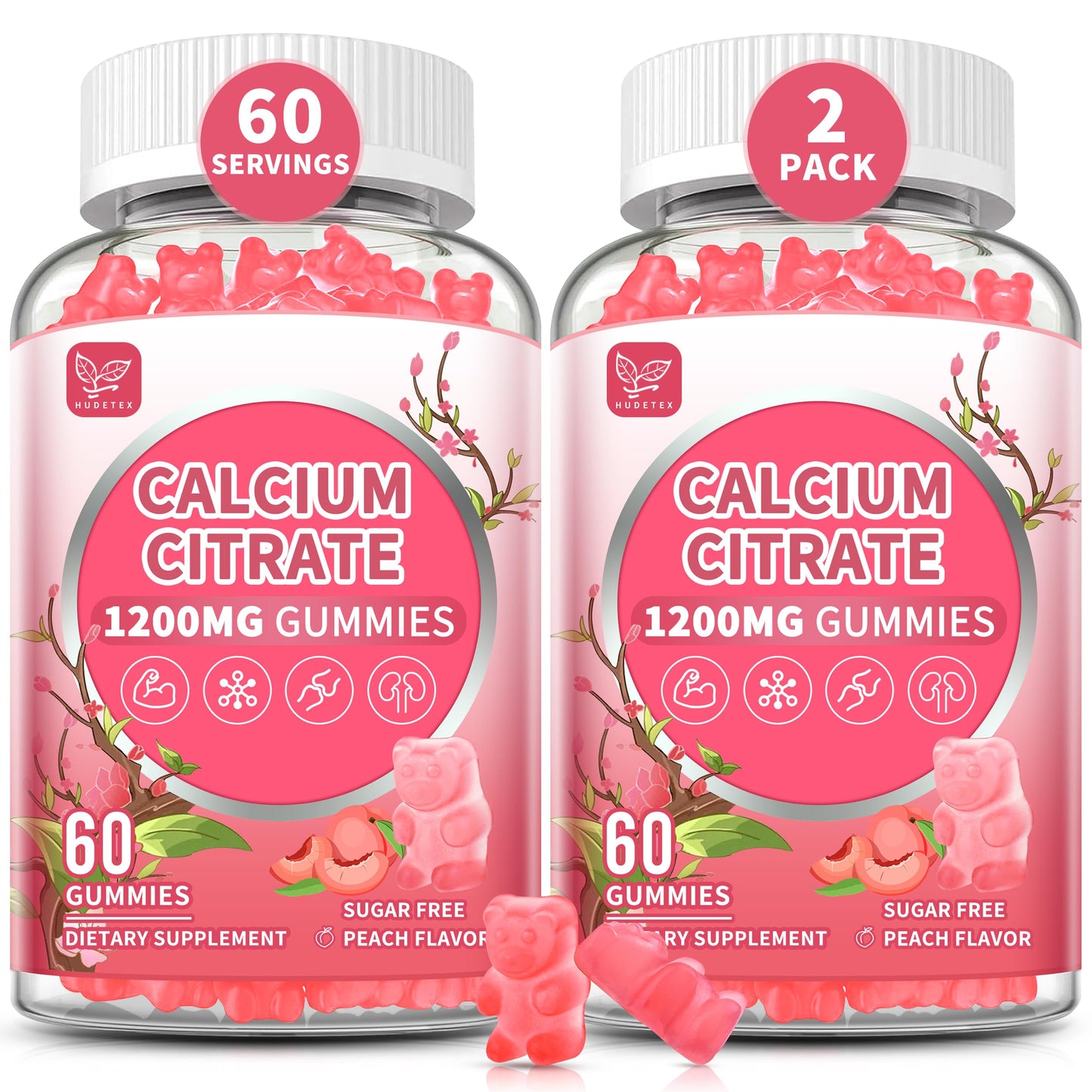 2 Pack Calcium Citrate 1200 mg Gummies – High Absorption, Sugar Free, Vegan, Peach Flavor