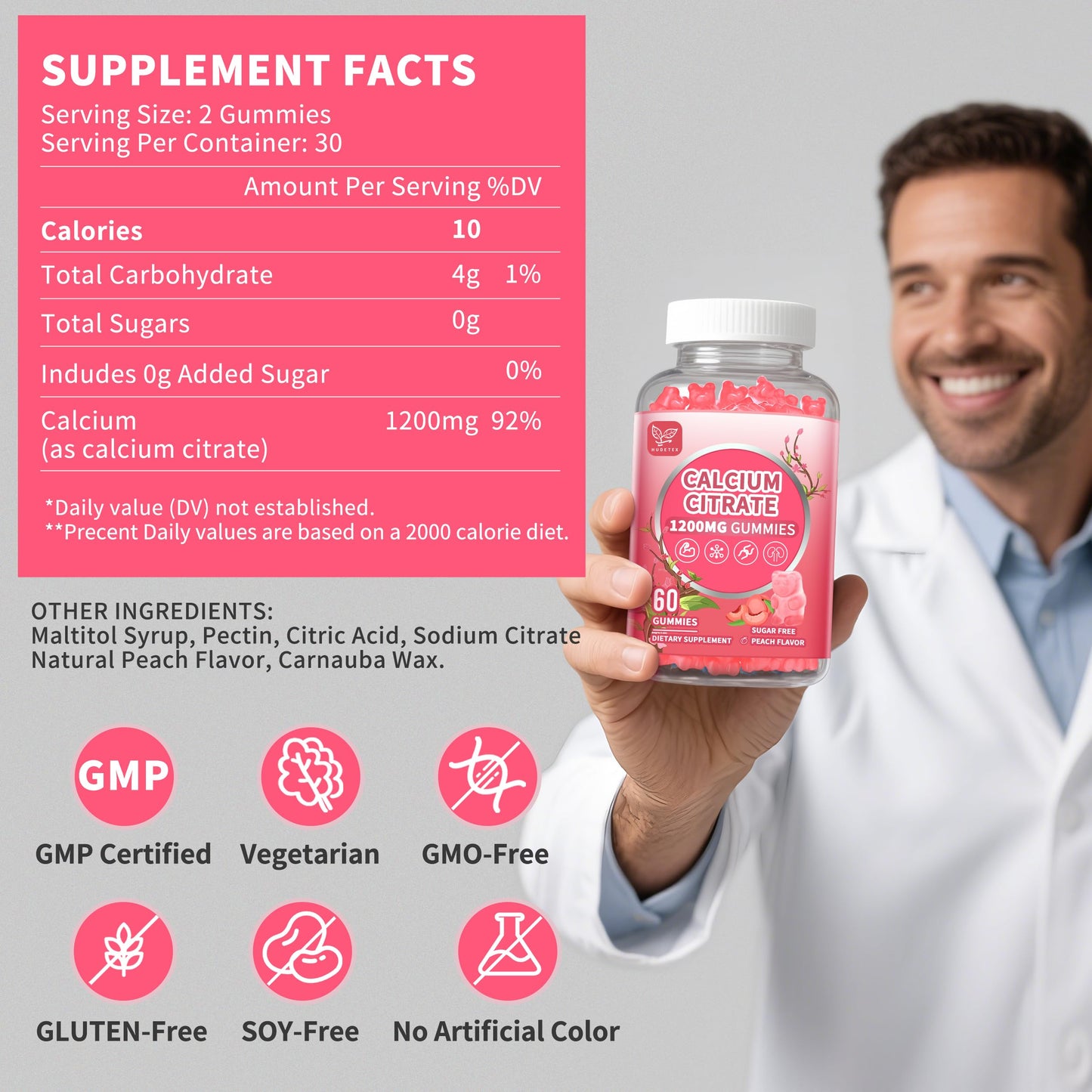 2 Pack Calcium Citrate 1200 mg Gummies – High Absorption, Sugar Free, Vegan, Peach Flavor
