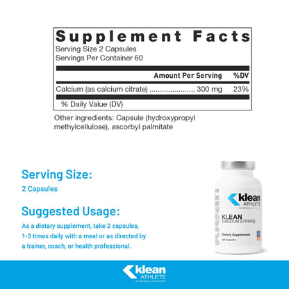 Klean ATHLETE Klean Calcium Citrate - Bone Health & Density | 120 Capsules | Gluten Free, Vegan & Non-GMO