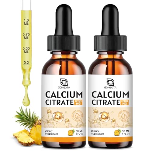 Calcium Citrate Drops 1200mg with Vitamin D3 – Highly Absorbable, Non-GMO | 1 Fl Oz (2 Pack)