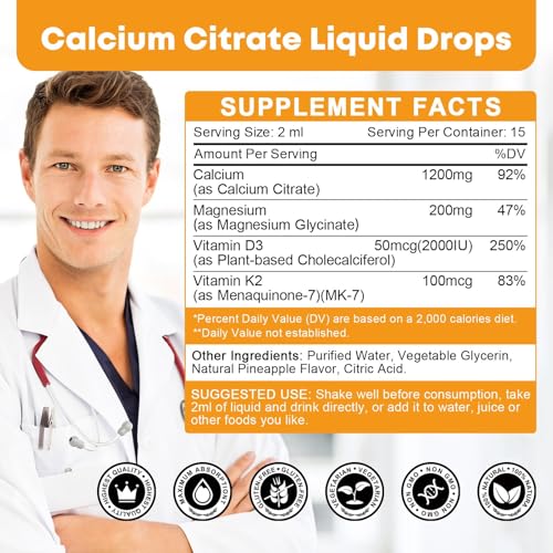 Calcium Citrate Drops 1200mg with Vitamin D3 – Highly Absorbable, Non-GMO | 1 Fl Oz (2 Pack)