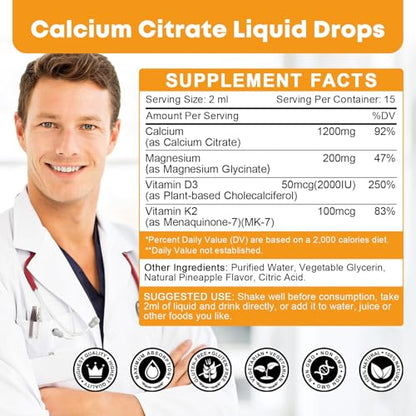 Calcium Citrate Drops 1200mg with Vitamin D3 – Highly Absorbable, Non-GMO | 1 Fl Oz (2 Pack)