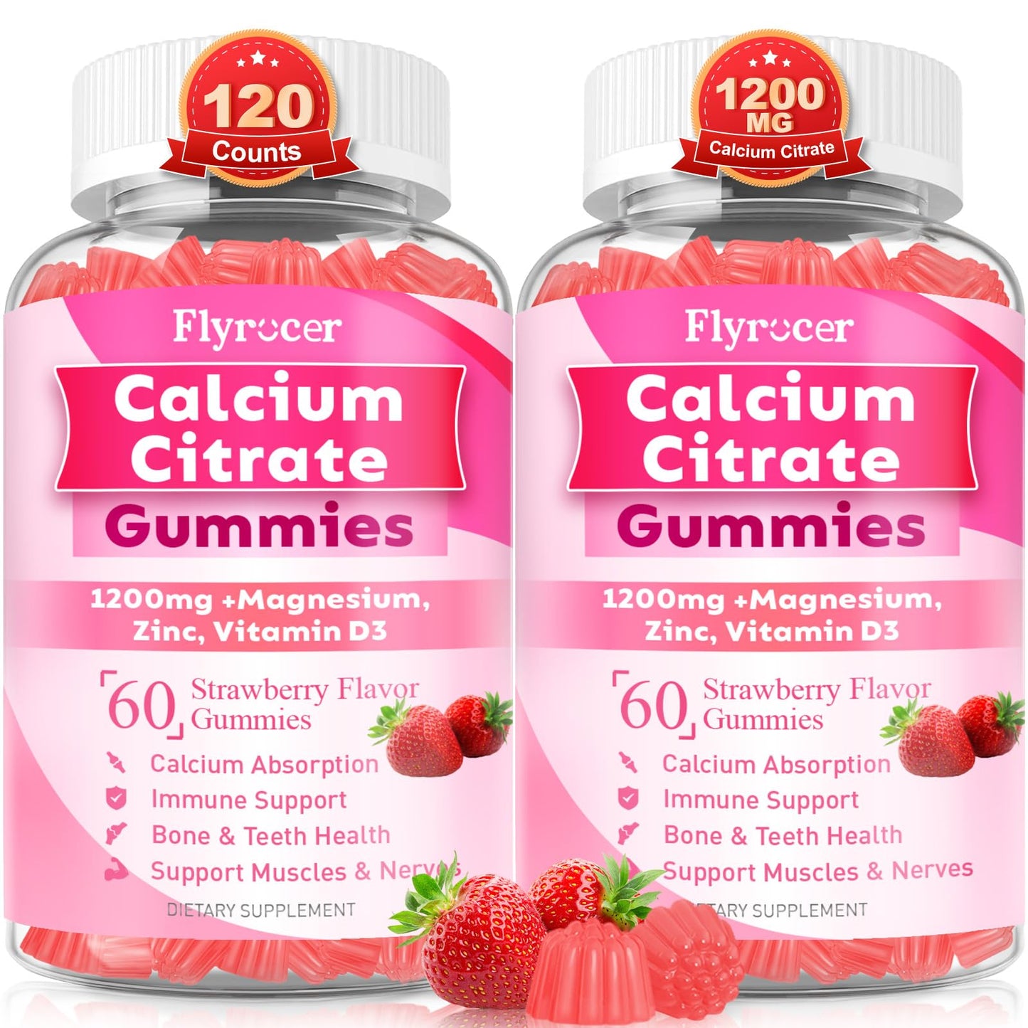 1200mg Calcium Citrate Gummies - Sugar-Free Strawberry | Bone, Teeth & Immunity