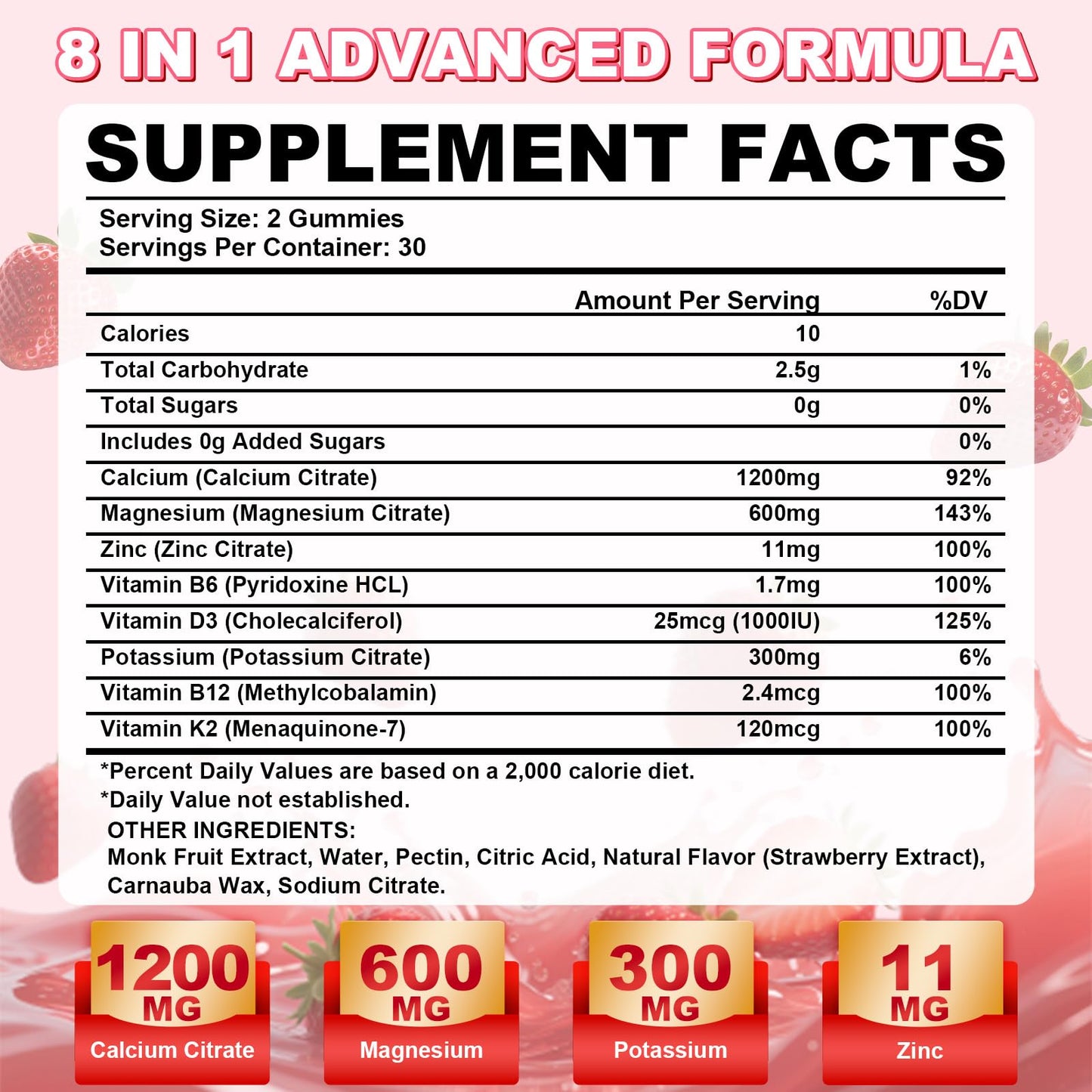 1200mg Calcium Citrate Gummies - Sugar-Free Strawberry | Bone, Teeth & Immunity