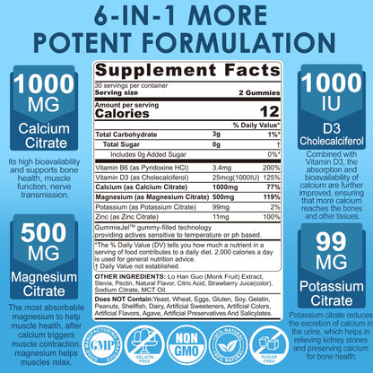 Calcium Citrate Gummies 1000mg – 6-in-1 with D3, Mg & Zn | Vegan Sugar-Free (60ct)