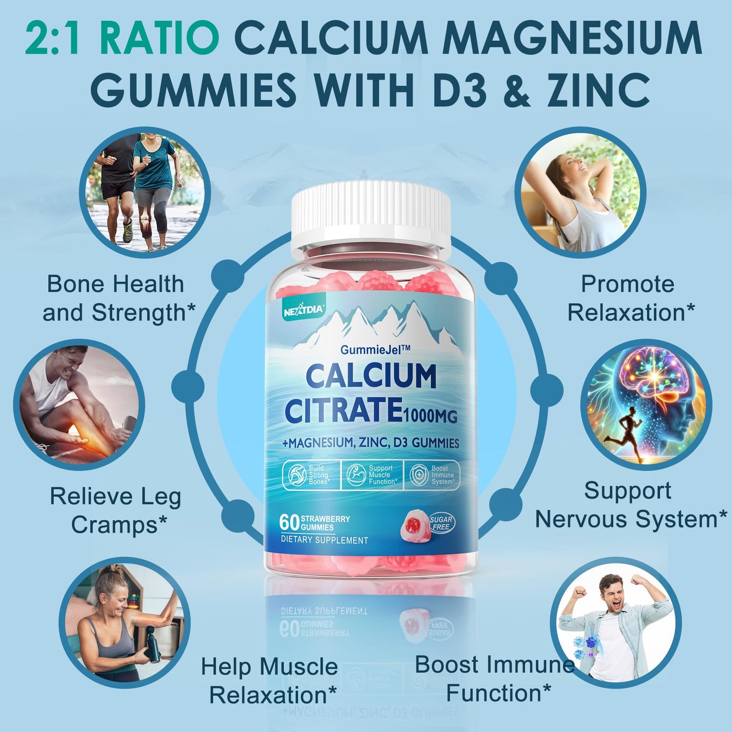 Calcium Citrate Gummies 1000mg – 6-in-1 with D3, Mg & Zn | Vegan Sugar-Free (60ct)