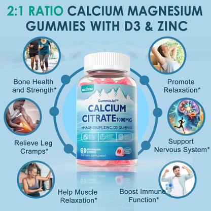 Calcium Citrate Gummies 1000mg – 6-in-1 with D3, Mg & Zn | Vegan Sugar-Free (60ct)