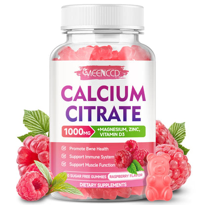 Calcium Citrate Gummies 1000mg with Vitamin D3 – Sugar-Free Raspberry Flavor (60 Count)