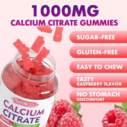 Calcium Citrate Gummies 1000mg with Vitamin D3 – Sugar-Free Raspberry Flavor (60 Count)