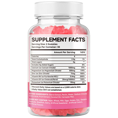 Calcium Citrate Gummies 1000mg with Vitamin D3 – Sugar-Free Raspberry Flavor (60 Count)