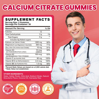 Calcium Citrate Gummies 1200mg with D3, K2 & Zinc – Strawberry (120 Count)