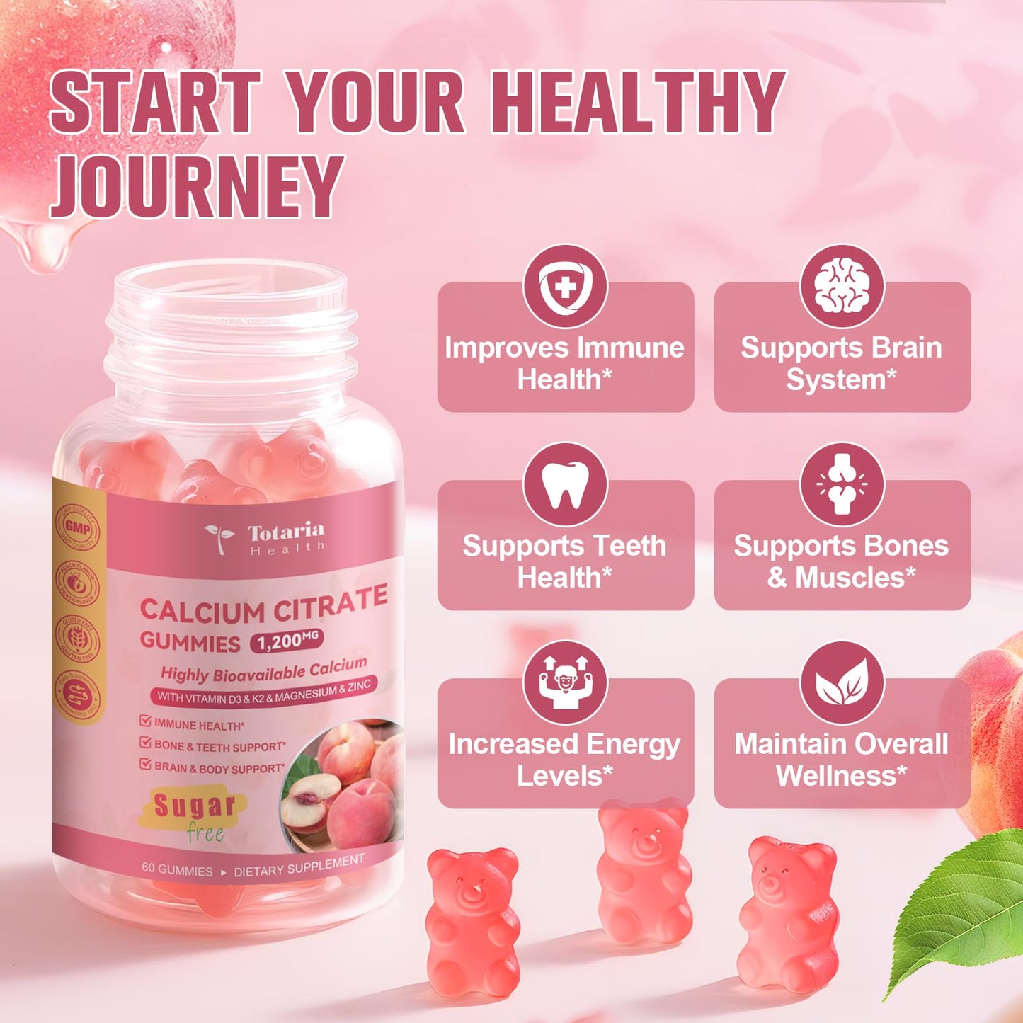 2 Pack Calcium Citrate Gummies 1200 mg – Peach Flavor, Vitamin D3 & K2