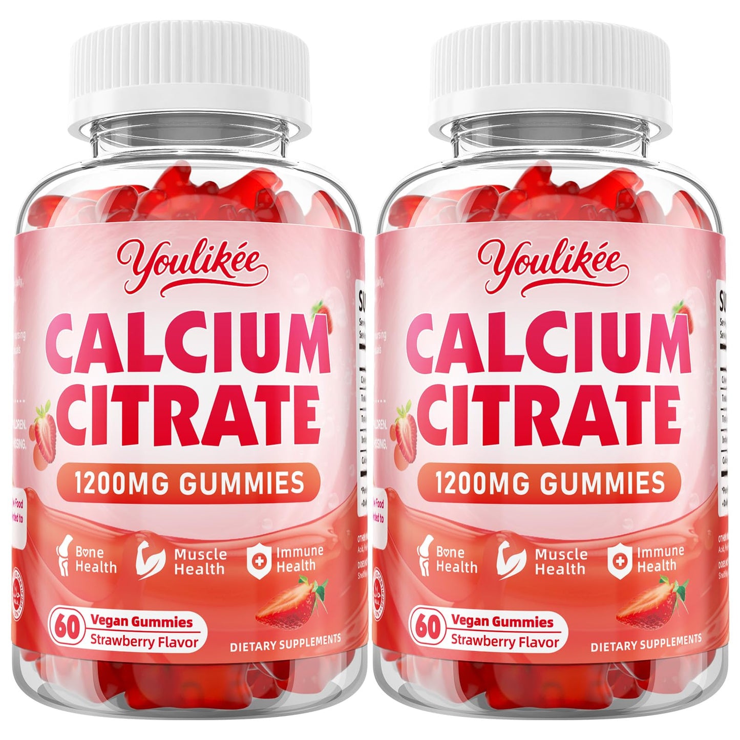 2-Pack Calcium Citrate Gummies 1200mg – Vegan, Strawberry, 120 Count