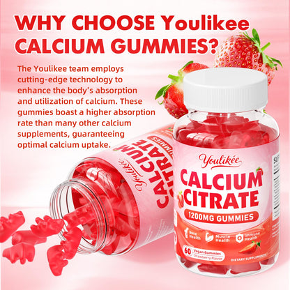 2-Pack Calcium Citrate Gummies 1200mg – Vegan, Strawberry, 120 Count