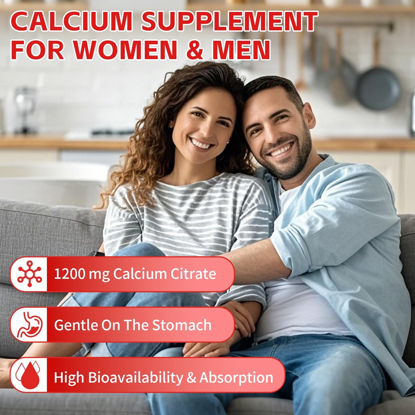 Calcium Citrate Gummies 1200mg - Strawberry Flavor, Sugar Free, Vegan (60 Count)