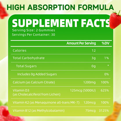 Calcium Citrate Gummies 1200mg with Vitamin D3 - 120 Count (2 Pack) | High Absorption