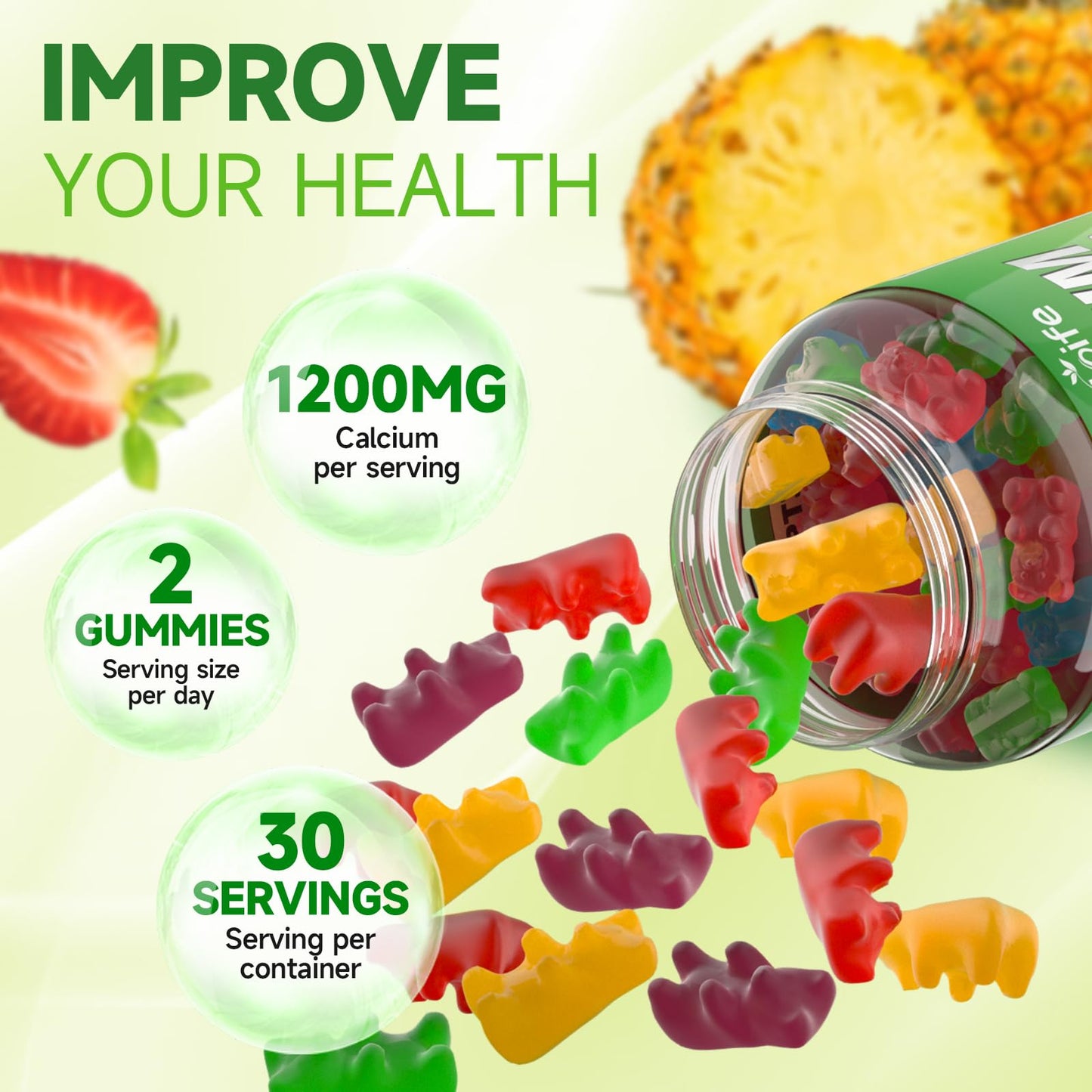 Calcium Citrate Gummies 1200mg with Vitamin D3 - 120 Count (2 Pack) | High Absorption
