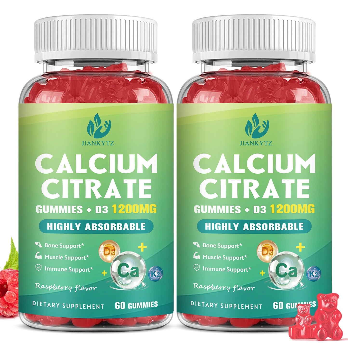 (2 Pack) 1200mg Calcium Citrate Gummies with Vitamin D3, K2, C, Magnesium, Zinc – Raspberry Flavor, 120 Gummies