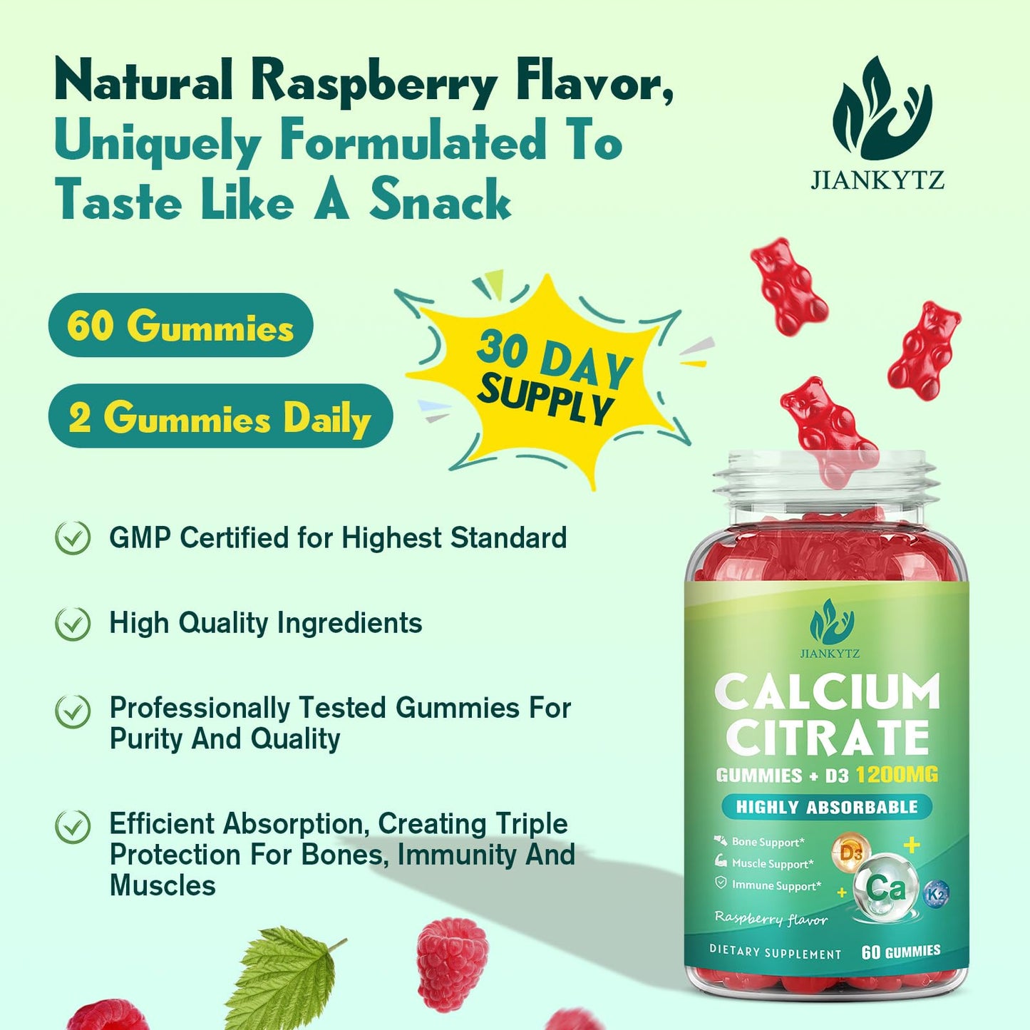(2 Pack) 1200mg Calcium Citrate Gummies with Vitamin D3, K2, C, Magnesium, Zinc – Raspberry Flavor, 120 Gummies