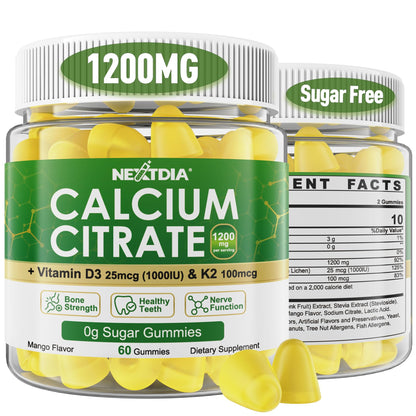 Calcium Citrate Gummies 1200mg with Vitamin D3 & K2 – Mango, 120 Count, Sugar Free