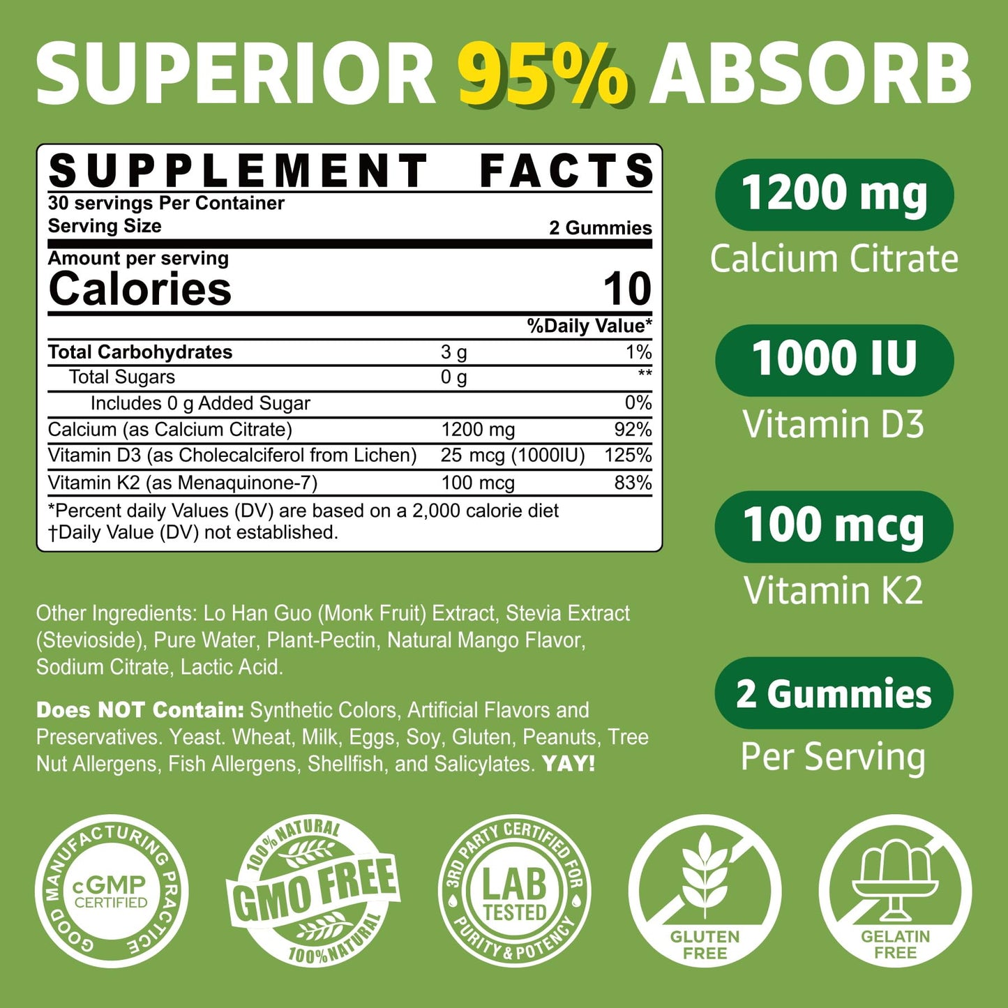 Calcium Citrate Gummies 1200mg with Vitamin D3 & K2 – Mango, 120 Count, Sugar Free