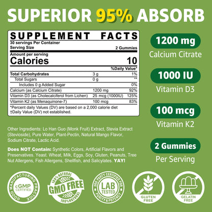 Calcium Citrate Gummies 1200mg with Vitamin D3 & K2 – Mango, 120 Count, Sugar Free