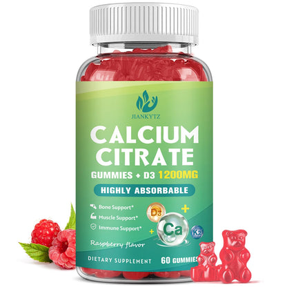 1200mg Calcium Citrate Gummies with Vitamin D3 & K2 – Bone, Muscle & Immune Support | Raspberry