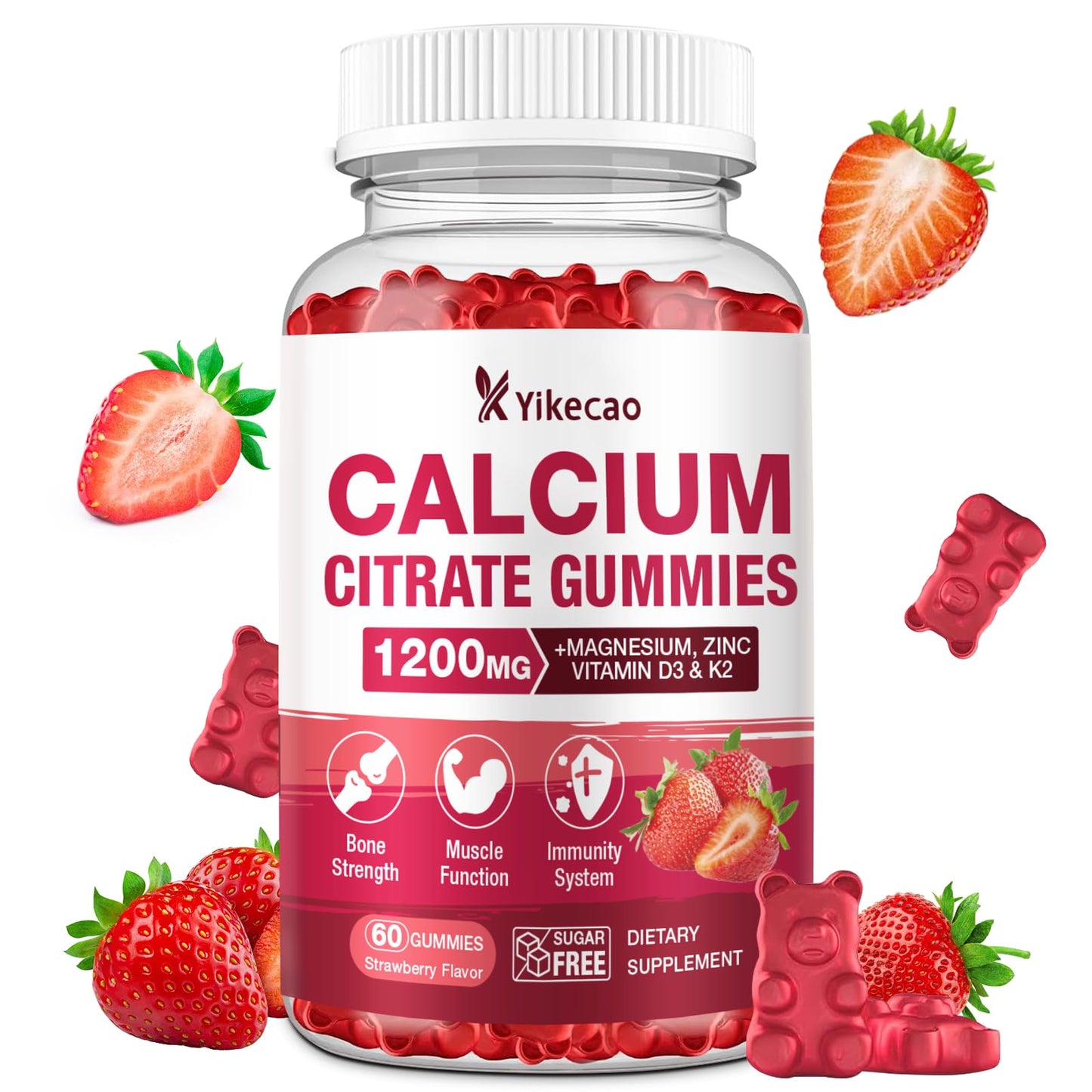 Calcium Citrate Gummies 1200mg – Strawberry Flavor, D3 & K2, 60 Count