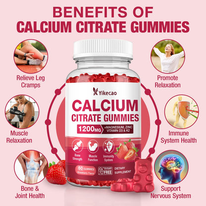 Calcium Citrate Gummies 1200mg – Strawberry Flavor, D3 & K2, 60 Count