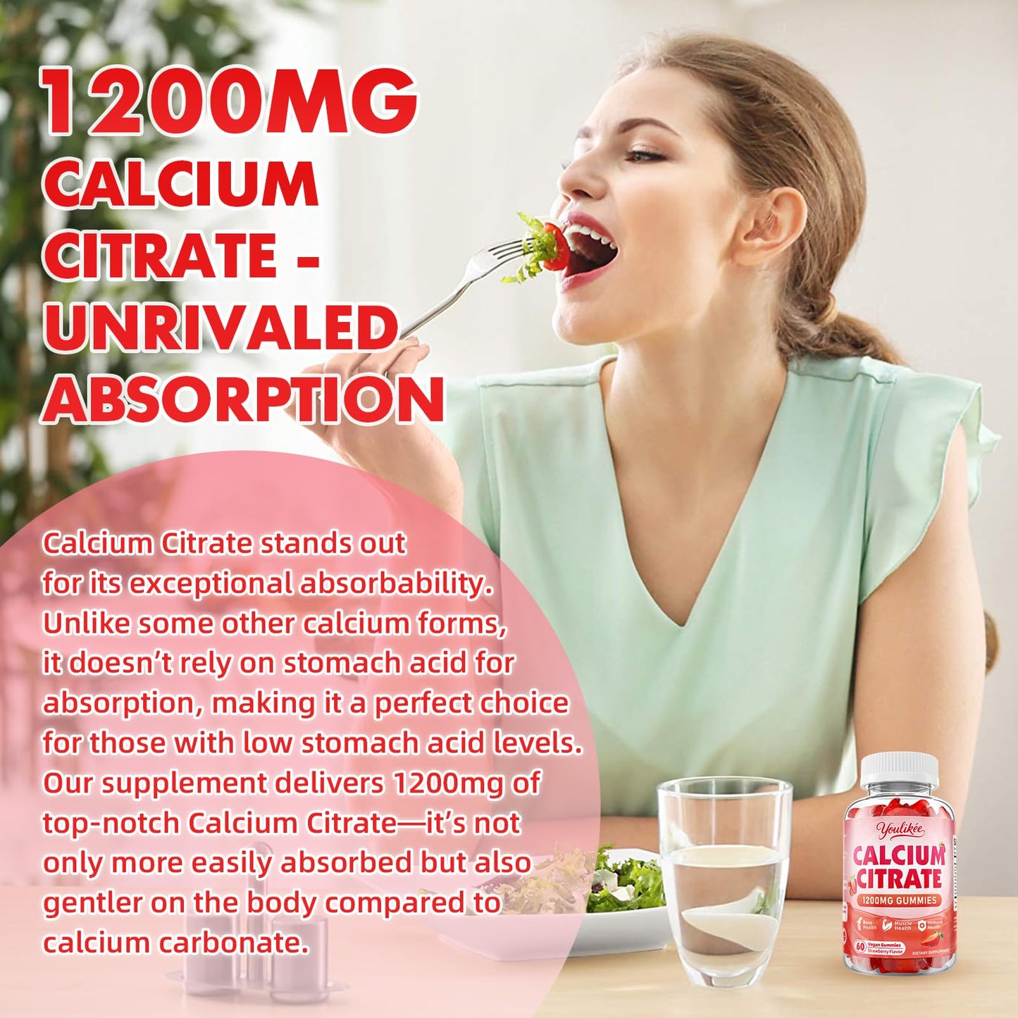 2-Pack Calcium Citrate Gummies 1200mg – Vegan, Strawberry, 120 Count