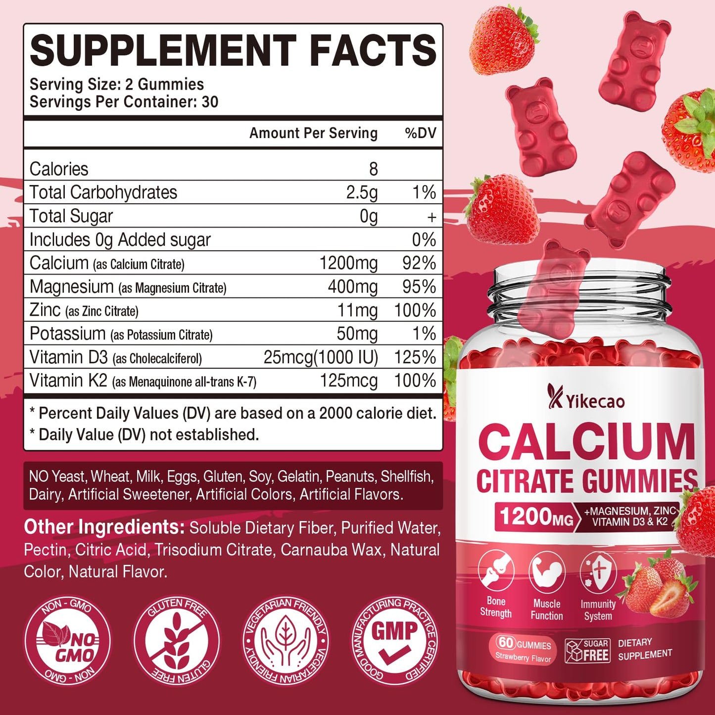 Calcium Citrate Gummies 1200mg – Strawberry Flavor, D3 & K2, 60 Count