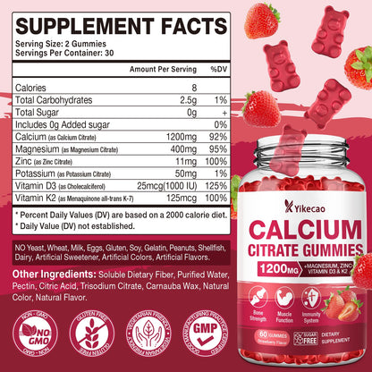 Calcium Citrate Gummies 1200mg – Strawberry Flavor, D3 & K2, 60 Count