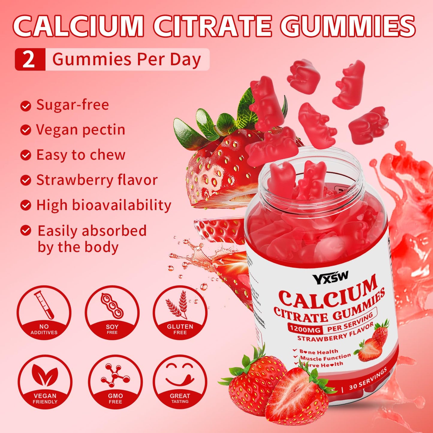 Calcium Citrate Gummies 1200mg - Sugar Free, Gluten Free, Vegan (120 Count)